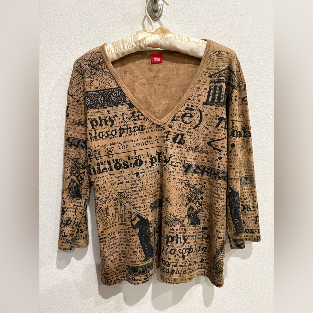 Vintage Glima Y2K Philosophy Graphic Top V-Neck 3/4 Sleeve Renaissance Print, Lg